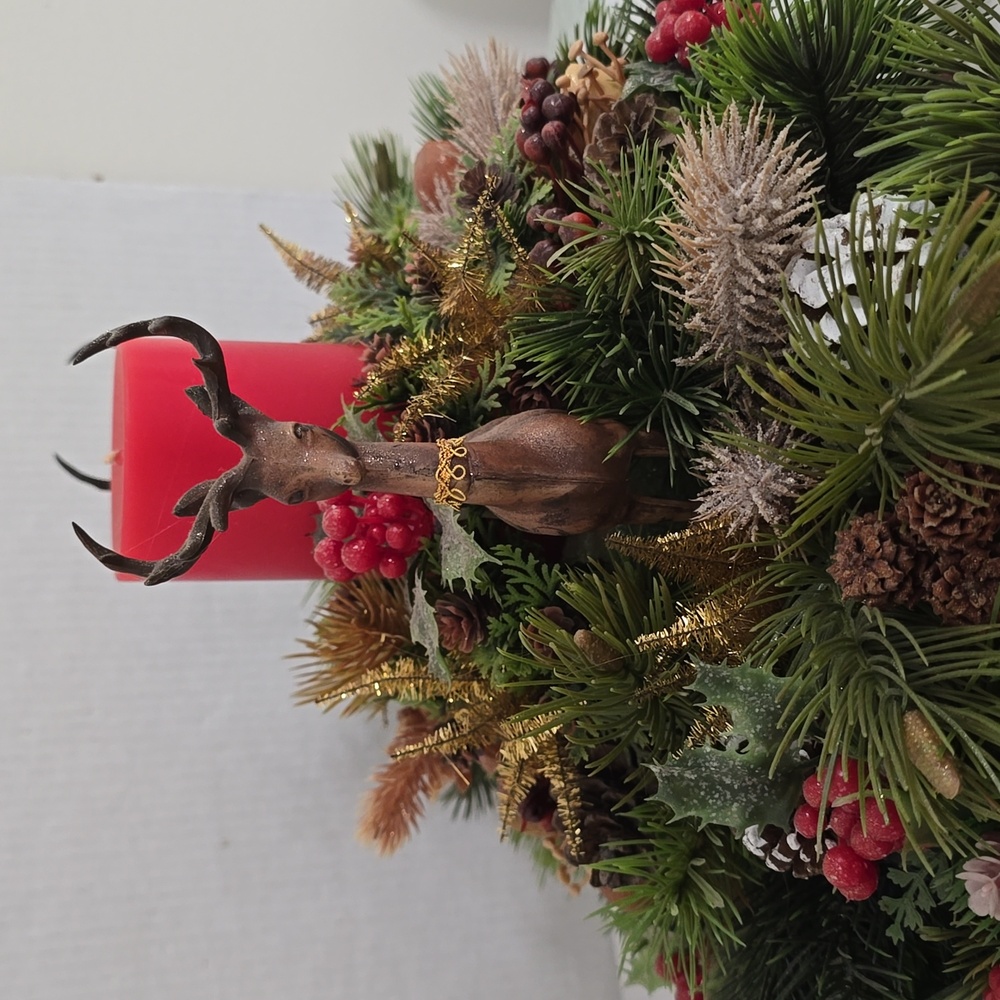 Vintage Festive Red Candle Centerpiece with Reindeer Accents - Picture 6 of 16